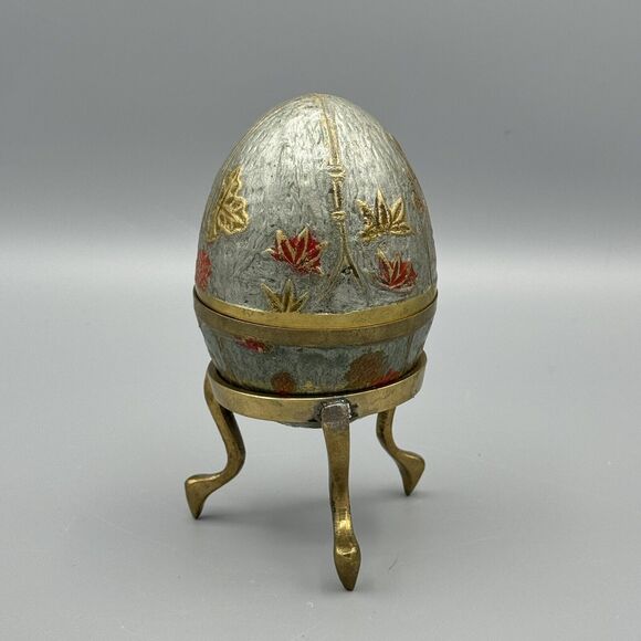 Vtg Handpainted Raised Floral Brass 2 Pc Egg Trinket Box with Brass Stand 5 inch - Picture 3 of 11